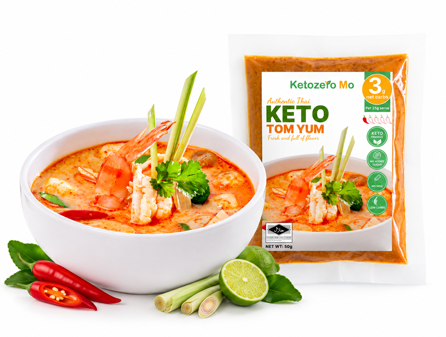 Pes Tomyam Keto Ketozero Mo 50g – pes tomyam Thai tanpa gula tambahan, rendah karbohidrat dan keto friendly.